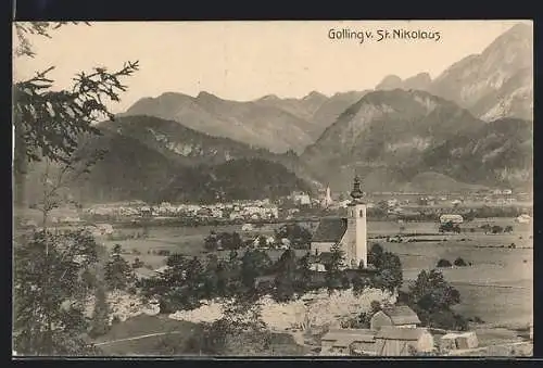 AK Golling, Ortspartie mit Kirche von St. Nikolaus aus