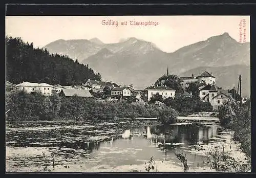 AK Golling, Teilansicht mit Gasthaus Alte Post und Blick zum Tännengebirge