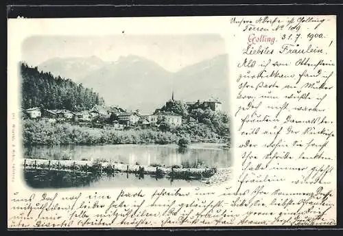 AK Golling, Uferpartie mit Bergen