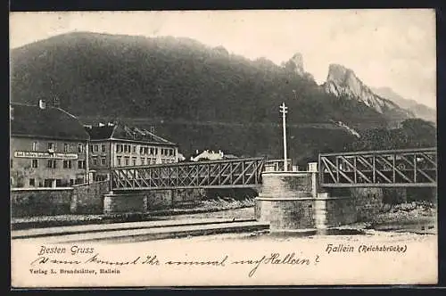 AK Hallein, Gasthaus Karl Haller und Rheinbrücke