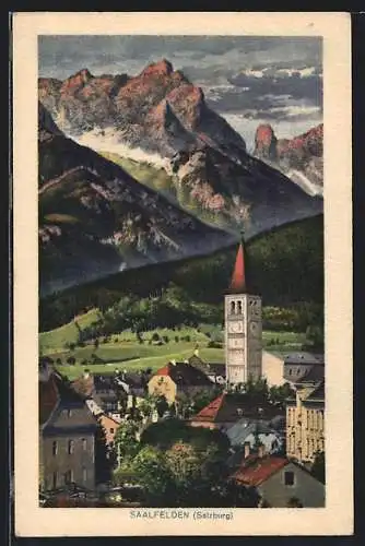 AK Saalfelden, Ortspartie mit Gebirgspanorama