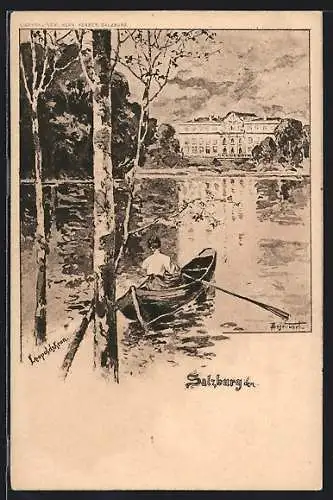 Lithographie Salzburg, Schloss mit Boot