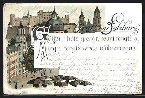 Lithographie Salzburg, Teilansicht mit Spruch