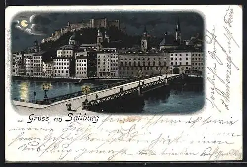 Lithographie Salzburg, Uferpartie mit Brücke