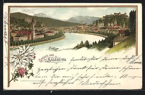 Lithographie Salzburg, Ortsansicht mit Fluss und Edelweiss
