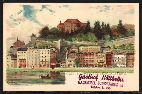 Lithographie Salzburg, Ausblick v. Gast- u. Brauhaus Zur Hölle