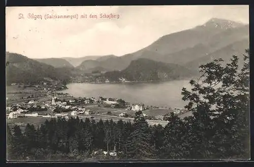 AK St. Gilgen, Gesamtansicht mit Gewässer und Schafberg