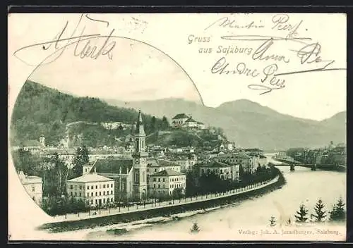 AK Salzburg, Totalansicht mit Fluss und Bergpanorama