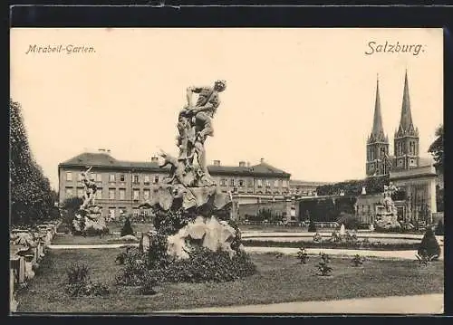 AK Salzburg, Mirabell-Garten mit Statuen und Blick auf Kirche