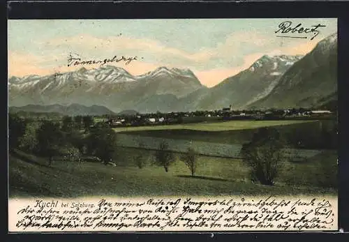 AK Kuchl bei Salzburg, Teilansicht mit Bergen
