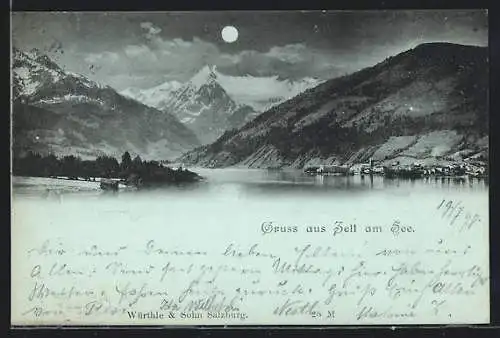 Mondschein-AK Zell am See, Uferpartie mit Bergen