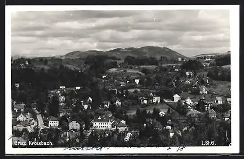 AK Graz-Kroisbach, Blick auf verstreute Ortschaft gegen eine Hügellandschaft