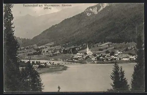 AK Techendorf am Weissensee, Ortsansicht mit der Kirche und Brücke