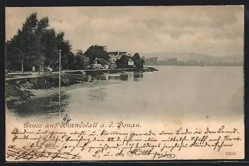 AK Brandstatt a. d. Donau, Uferpartie mit einer Teilansicht der Ortschaft