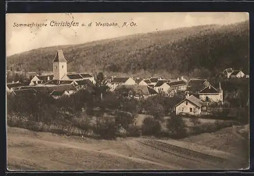 AK Christofen a. d. Westbahn, Ortsansicht gegen einen Hügelkamm