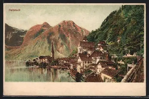 Lithographie Hallstatt, Uferpartie mit Kirche