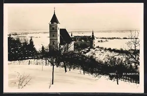 AK Graz, St. Martin, Kirche und Schloss im Schnee