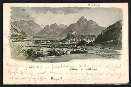 Lithographie Salzburg, Teilansicht mit Festung von Parsch aus