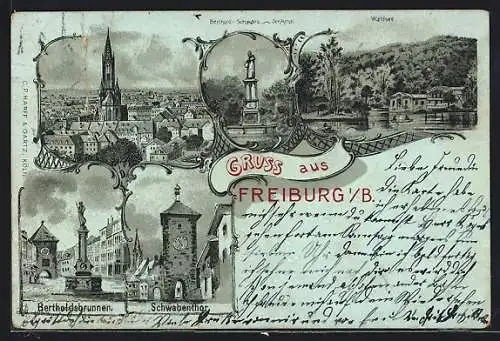 Lithographie Freiburg i. B., Bertholdsbrunnen, Münster, Schwabenthor
