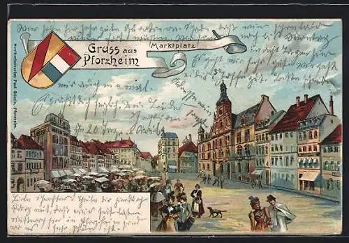 Lithographie Pforzheim, Marktplatz mit geschäftigem Treiben