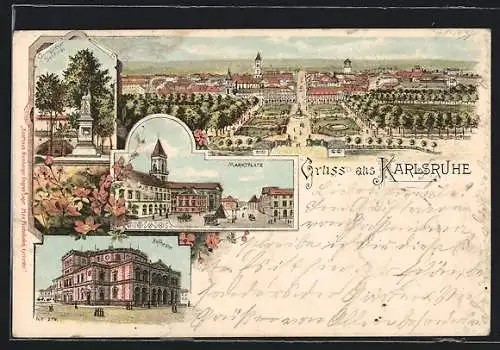 Lithographie Karlsruhe, Marktplatz, Hoftheater, Kriegerdenkmal, Ortspanorama