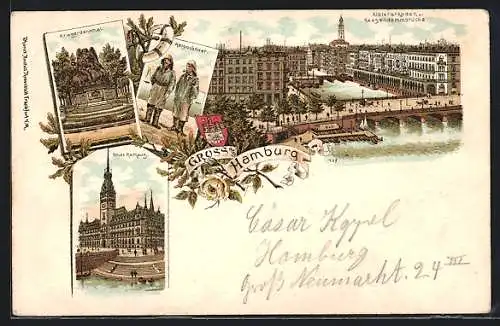 Lithographie Hamburg, das neue Rathaus, Kriegerdenkmal, Helgoländer in Trachten, Alsterarkaden