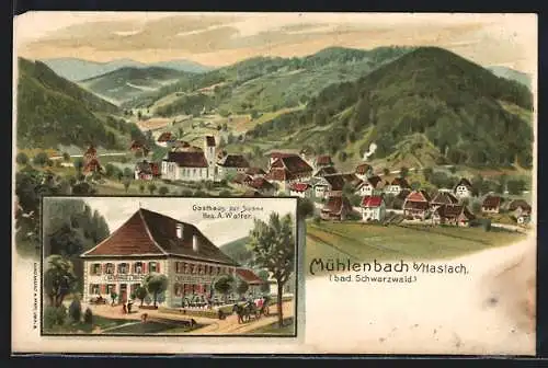 Lithographie Mühlenbach bei Haslach /Schwarzw., Ortsansicht aus der Vogelschau, Gasthaus zur Sonne