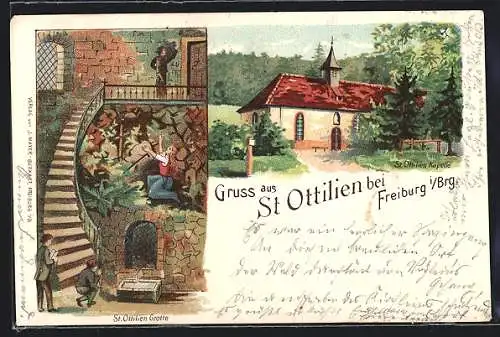 Lithographie Freiburg / Breisgau, St. Ottilien, Aussenansicht und Grotte