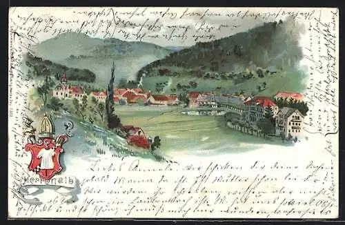 Lithographie Herrenalb, Ortsansicht aus der Ferne