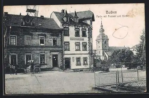 AK Buchen / Baden, Bahnhof-Hotel, Postamt & Kirche