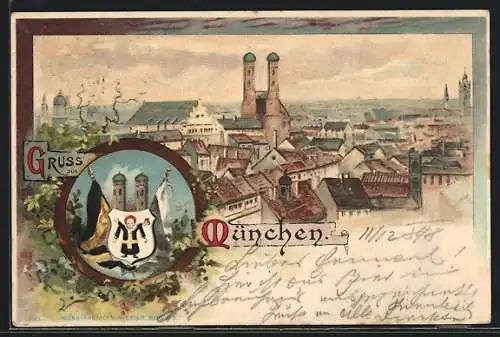 Lithographie München, Teilansicht des Ortes mit Kirche