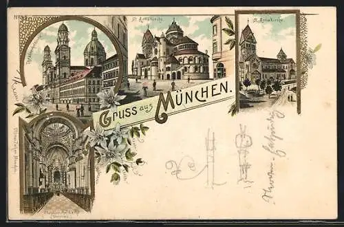 Lithographie München, St. Anna-Platz, St. Anna-Kirche, Theatinerhofkirche, Aussen- u. Innenansicht