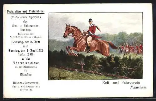 Künstler-AK München, Preisreiten und Preisfahren 1912, Theresienwiese, Reit- und Fahrverein, Jockey mit Pferd