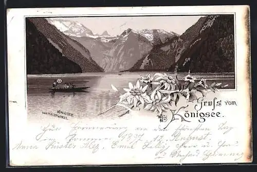 Lithographie Königsee / Berchtesgaden, Fähre auf dem See gegen Berggipfel