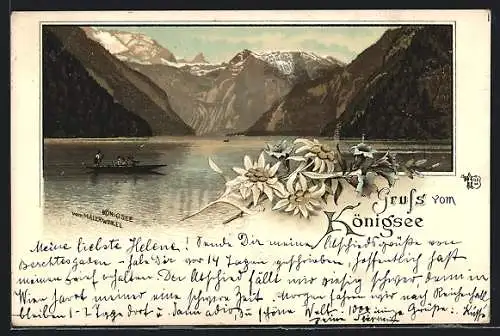 Lithographie Berchtesgaden, Fähre auf dem Königsee