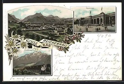 Lithographie Bad Reichenhall, Gradirhaus, Colonnade, Ortspanorama