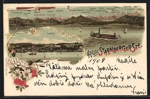 Lithographie Starnberg, Dampfer Luitpold auf dem Starnbergersee, Alpen-Panorama