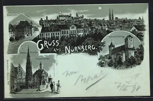 Lithographie Nürnberg, Kaiser-Stallung, Dürerhaus, Frauen-Kirche