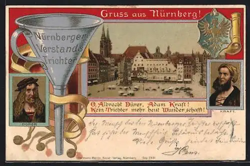 Lithographie Nürnberg, Albrecht Dürer, Adam Kraft, Verstandstrichter, Marktplatz