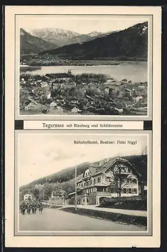 AK Tegernsee, Bahnhofhotel Fidel Niggl, Teilansicht mit Blauberg und Schildenstein