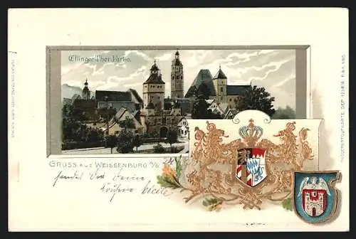 Passepartout-Lithographie Weissenburg a. S., Ellinger-Thor-Partie mit Wappen