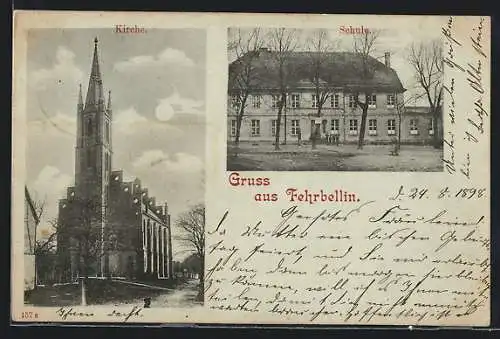 Mondschein-AK Fehrbellin, Kirche und Schule