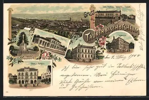 Lithographie Tauberbischofsheim, Bahnhof, Rathaus und Marktplatz, Gymnasium, Spital