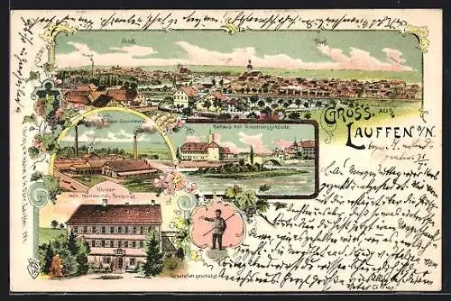 Lithographie Lauffen a. N., Portland-Cementwerk, Gesamtansicht, Kloster mit Hölderlin-Denkmal