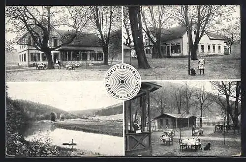 AK Berga /Elster, Gasthof Schützenhaus mit Garten, Flusspartie, Schiessscheibe