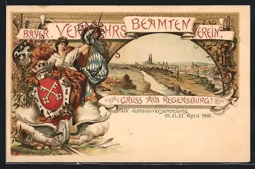 Künstler-AK Regensburg, XIV. Generalversammlung des Bayer. Verkehrs-Beamten-Verein 1901