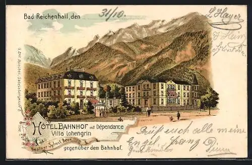 Lithographie Bad Reichenhall, Hotel Bahnhof und Villa Lohengrin