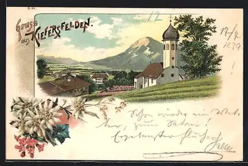 Lithographie Kiefersfelden, Ortsansicht mit Kirche