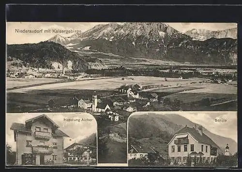 AK Niederaudorf, Handlung Aicher, Schule, Gesamtansicht mit Kaisergebirge