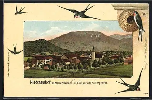 Passepartout-Lithographie Niederaudorf, Ortsansicht mit Kloster Reisach & Blick auf das Kaisergebirge, Schwalbennest